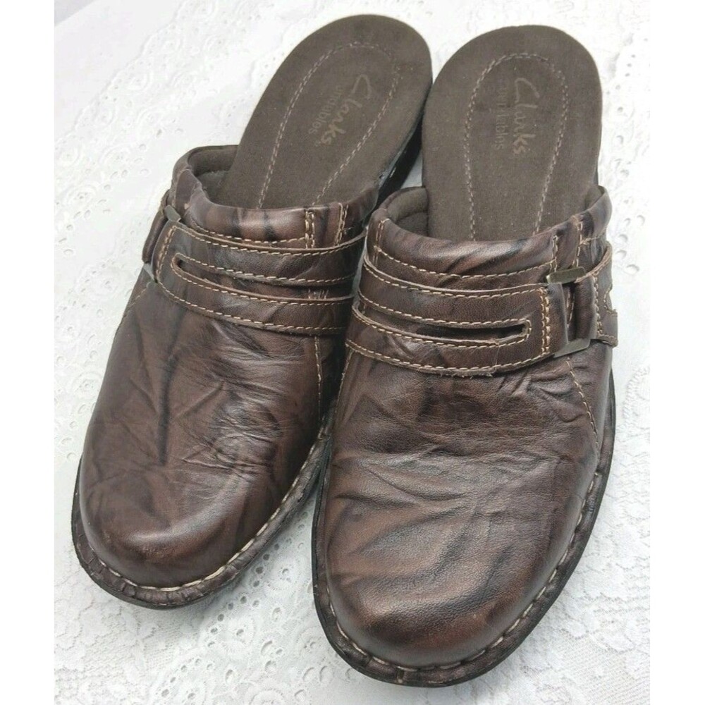 7.5M Clarks Women Dark Brown Leather Clogs Mules Marbled Slip On Comfort Western